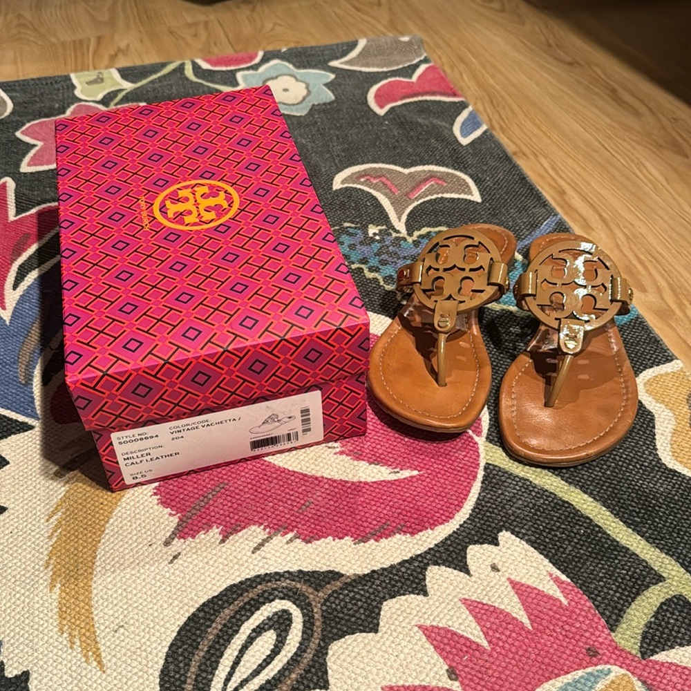 TORY BURCH MILLER CALF LEATHER SANDALS 8.5 VINTAGE VACHETTA